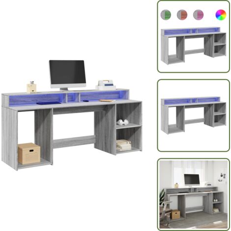 The Living Store Scrivania con Luci LED Grigio Sonoma 200x55x91cm in Truciolato - Scrivania in truciolato