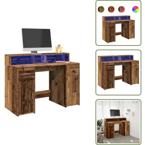 The Living Store Scrivania con Luci LED Legno Antico 120x55x91 cm in Multistrato - Scrivania in truciolato