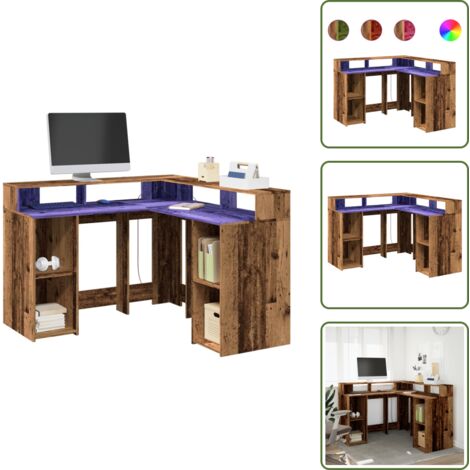 The Living Store Scrivania con Luci LED Legno Antico 130x130x91 cm in Truciolato - Scrivania in truciolato