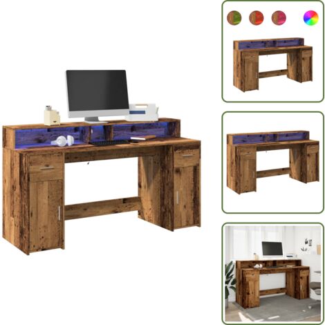 The Living Store Scrivania con Luci LED Legno Antico 160x55x91 cm in Multistrato - Scrivania in truciolato