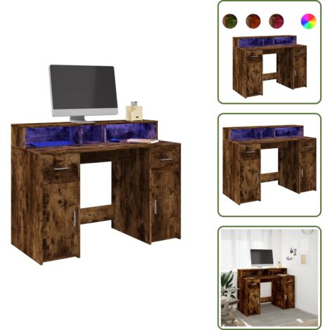 The Living Store Scrivania con Luci LED Rovere Fumo 120x55x91 cm in Multistrato - Scrivania in truciolato