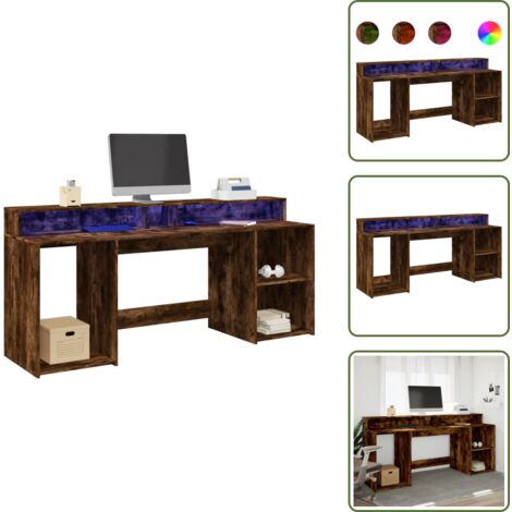 The Living Store Scrivania con Luci LED Rovere Fumo 200x55x91 cm in Truciolato - Scrivania in truciolato