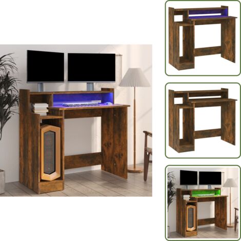 The Living Store Scrivania con Luci LED Rovere Fumo 97x45x90 cm in Multistrato - Scrivania in legno multistrato