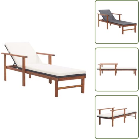 The Living Store Sdraio con Cuscino Polyrattan e Legno Massello di Acacia Nera - Sdraio con cuscino