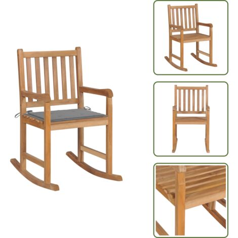 The Living Store Sedia a Dondolo con Cuscino Grigio in Legno di Teak - Sedia da giardino