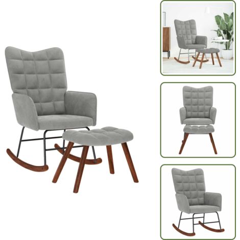The Living Store Sedia a dondolo con sgabello in velluto grigio chiaro - Sedia con sgabello