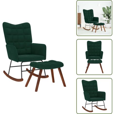 The Living Store Sedia a dondolo con sgabello in velluto verde scuro - Sedia con sgabello