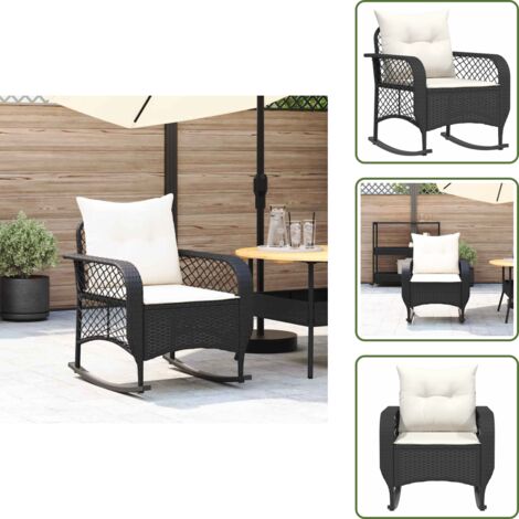 The Living Store Sedia a Dondolo da Giardino con Cuscini in Polyrattan Nero - Seduta da esterno
