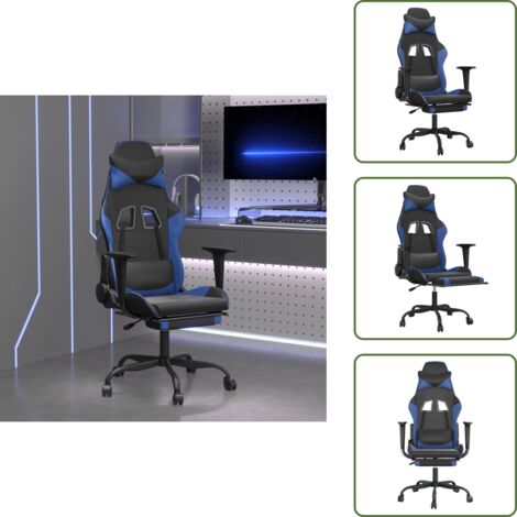 The Living Store Sedia da Gaming Massaggiante Poggiapiedi Nero e Blu Similpelle - Massaggiante