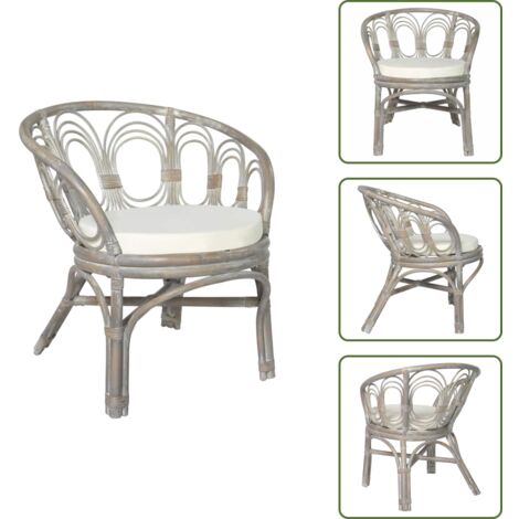 The Living Store Sedia da Pranzo con Cuscino Grigio in Rattan Naturale e Lino - Cuscino
