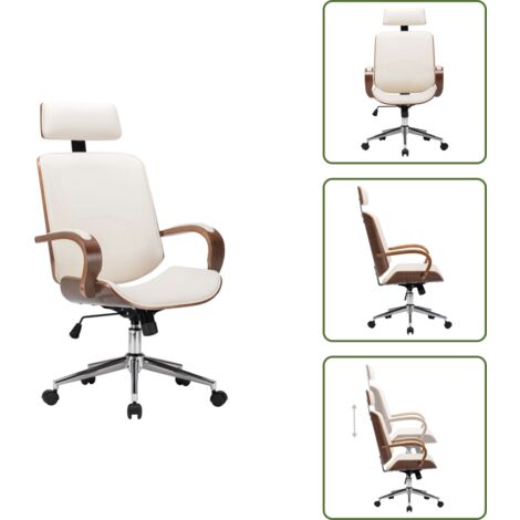The Living Store Sedia Girevole con Poggiatesta Crema Similpelle e Legno Curvato - Poltrona da ufficio