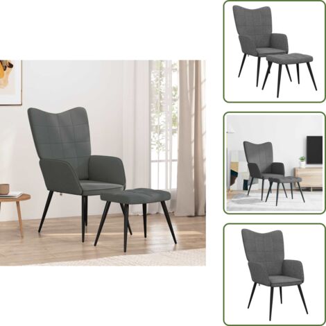 The Living Store Sedia Relax con Sgabello Grigio Scuro in Tessuto - Sgabello