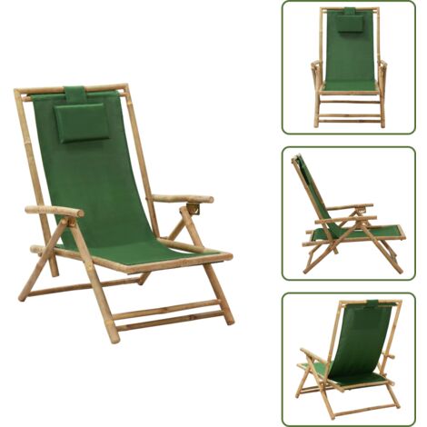 The Living Store Sedia Relax Reclinabile Verde in Bambù e Tessuto - Sedia pieghevole