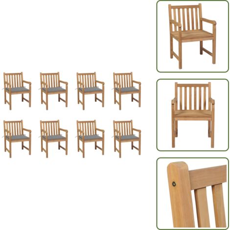 The Living Store Sedie da Giardino 8 pz con Cuscini Grigi Massello di Teak - Sedie in legno teak