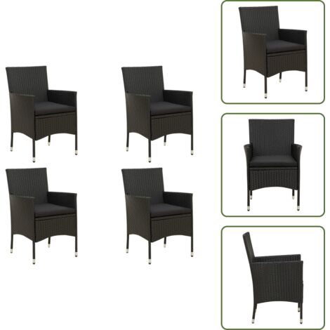 The Living Store Sedie da Giardino con Cuscini 4 pz in Polyrattan Nere - Sedie da esterno
