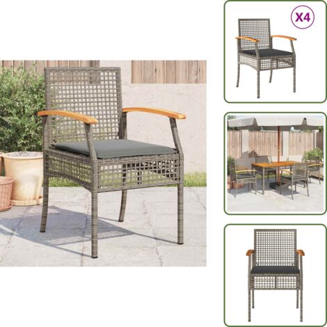 The Living Store Sedie da Giardino con Cuscini 4pz Grigie in Polyrattan e Acacia - Sedie da esterno