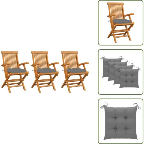 The Living Store Sedie da Giardino con Cuscini Grigi 3pz Legno Massello di Teak - Sedie in legno