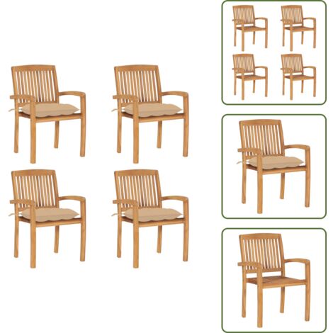 The Living Store Sedie da Giardino Impilabili 4 pz con Cuscini Massello di Teak - Sedie da pranzo