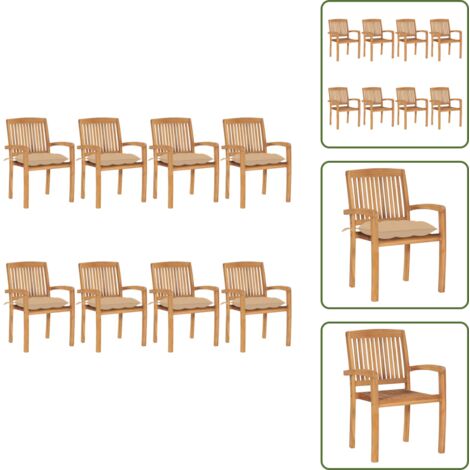 The Living Store Sedie da Giardino Impilabili 8 pz con Cuscini Massello di Teak - Sedie da pranzo