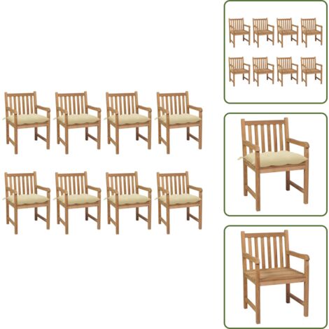 The Living Store Sedie Giardino 8 pz e Cuscini Bianco Crema in Massello di Teak - Sedie da giardino con cuscino