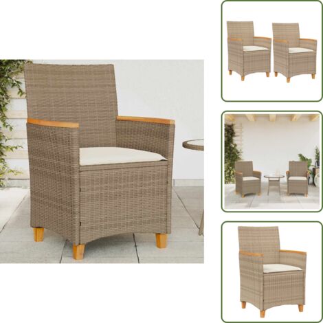 The Living Store Sedie Giardino con Cuscini 2 pz Beige Polyrattan Legno Massello - Sedie da esterno