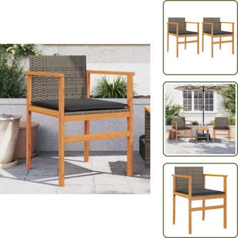 The Living Store Sedie Giardino con Cuscini 2pz Grigie Polyrattan Legno Massello - Sedie da esterno