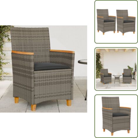 The Living Store Sedie Giardino con Cuscini 2pz Grigie Polyrattan Legno Massello - Sedie da esterno