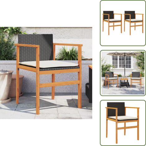 The Living Store Sedie Giardino con Cuscini 2pz Nere Polyrattan e Legno Massello - Sedie da esterno