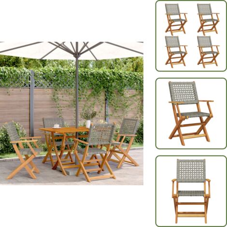 The Living Store Sedie Giardino Pieghevoli 4pz Grigie Polyrattan Legno Massello - Sedie da esterno