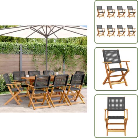 The Living Store Sedie Giardino Pieghevoli 8 pz Nere Polyrattan e Legno Massello - Sedie da giardino