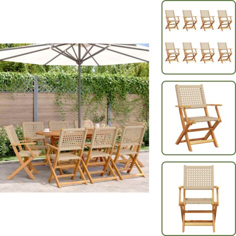 The Living Store Sedie Giardino Pieghevoli 8pz Beige Polyrattan e Legno Massello - Sedie da esterno