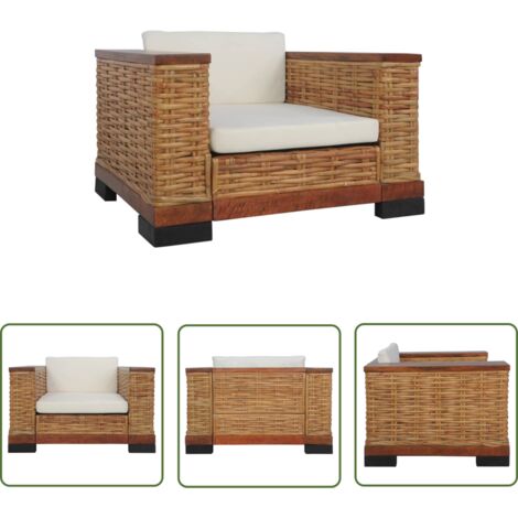 The Living Store Sessel mit Kissen Braun Natur Rattan - Rattenstuhl - Esszimmerstuhl - Lounge Chair - Gartenstuhl - Esstischstuhl