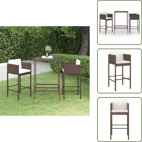 The Living Store Set Bar da Giardino 3 pz con Cuscini in Polyrattan Marrone - Sedile da giardino