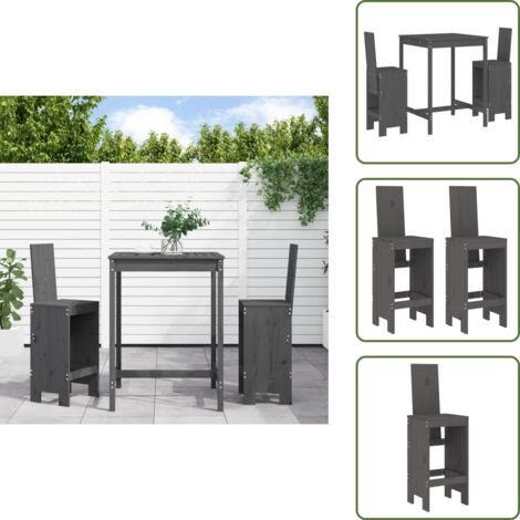 The Living Store Set Bar da Giardino 3 pz Grigio in Legno Massello di Pino - Tavolo da giardino