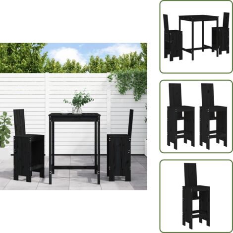 The Living Store Set Bar da Giardino 3 pz Nero in Legno Massello di Pino - Tavolo da giardino
