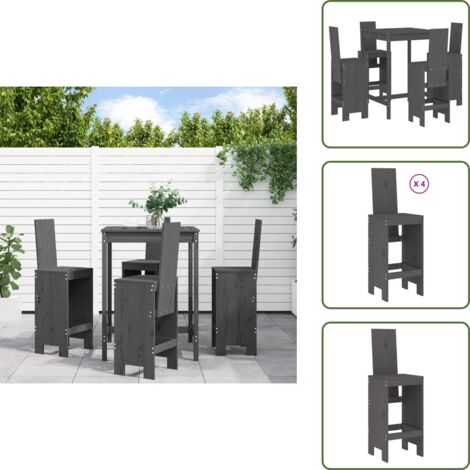The Living Store Set Bar da Giardino 5 pz Grigio in Legno Massello di Pino - Set da bar in legno