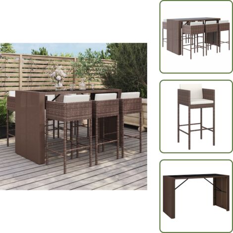 The Living Store Set Bar da Giardino 7 pz con Cuscini in Polyrattan Marrone - Sedile da bar