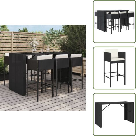 The Living Store Set Bar da Giardino 7 pz con Cuscini in Polyrattan Nero - Tavolo da bar