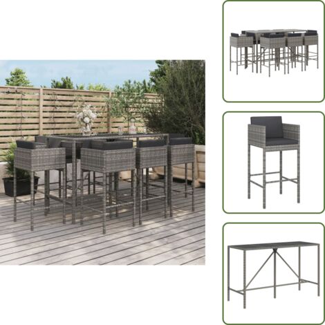 The Living Store Set Bar da Giardino 9 pz con Cuscini in Polyrattan Grigio - Seduta da bar
