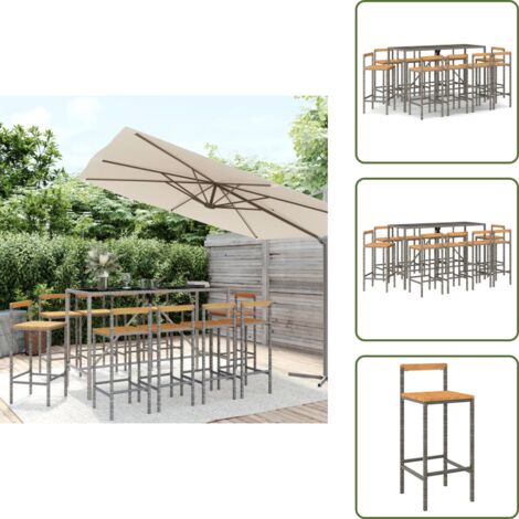 The Living Store Set Bar Giardino 11pz Grigio Polyrattan e Legno Massello Acacia - Sedie da bar