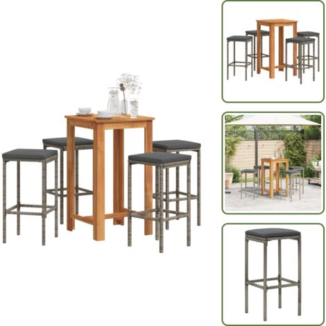 The Living Store Set Bar Giardino 5pz Grigio Legno Massello Acacia e Polyrattan - Tavolo da bar