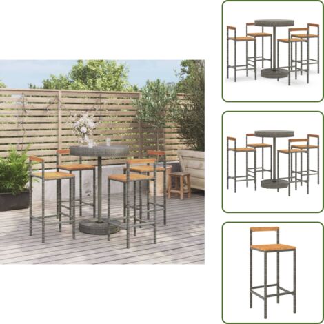 The Living Store Set Bar Giardino 5pz Grigio Polyrattan e Legno Massello Acacia - Set da bar
