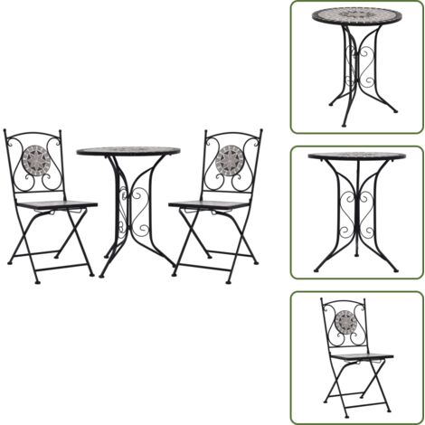 The Living Store Set Bistrò 3 pz con Mosaico in Ceramica Grigio - Tavolo da giardino