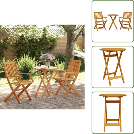 The Living Store Set Bistrò Pieghevole 3pz in Legno Massello di Acacia - Sedie da giardino pieghevoli