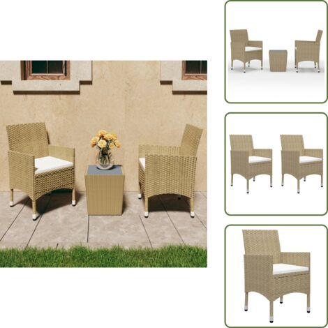 The Living Store Set Bistrot da Giardino 3 pz Polyrattan e Vetro Temperato Beige - Tavolo da giardino
