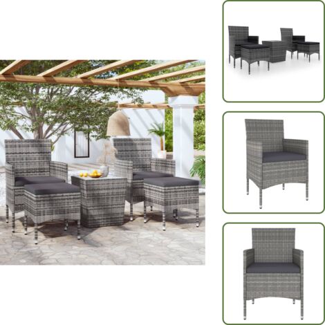 The Living Store Set Bistrot da Giardino 5pz Polyrattan e Vetro Temperato Grigio - Tavolo da giardino