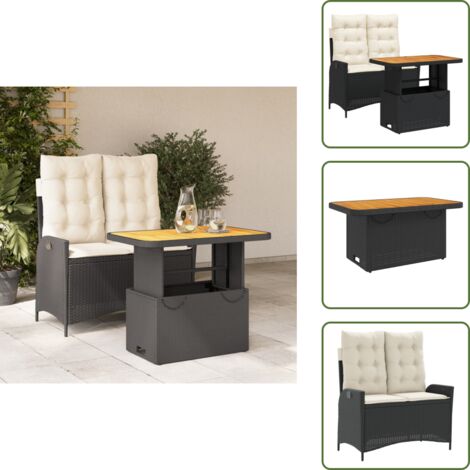 The Living Store Set comedor de jardín 2 pzas con cojines ratán sintético negro - Banco de jardín