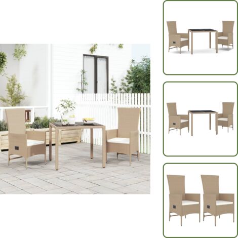 The Living Store Set comedor de jardín 3 pzas con cojines ratán sintético beige - Sillas de jardín reclinables