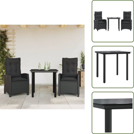 The Living Store Set comedor de jardín 3 pzas con cojines ratán sintético negro - Asiento de jardín