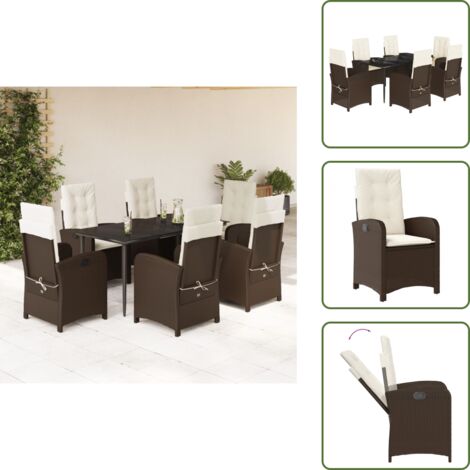 The Living Store Set comedor de jardín 7 pzas con cojines ratán sintético marrón - Sillas de jardín reclinables